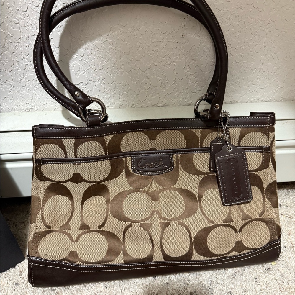 Coach Tan and Brown Signature Shoulder Bag